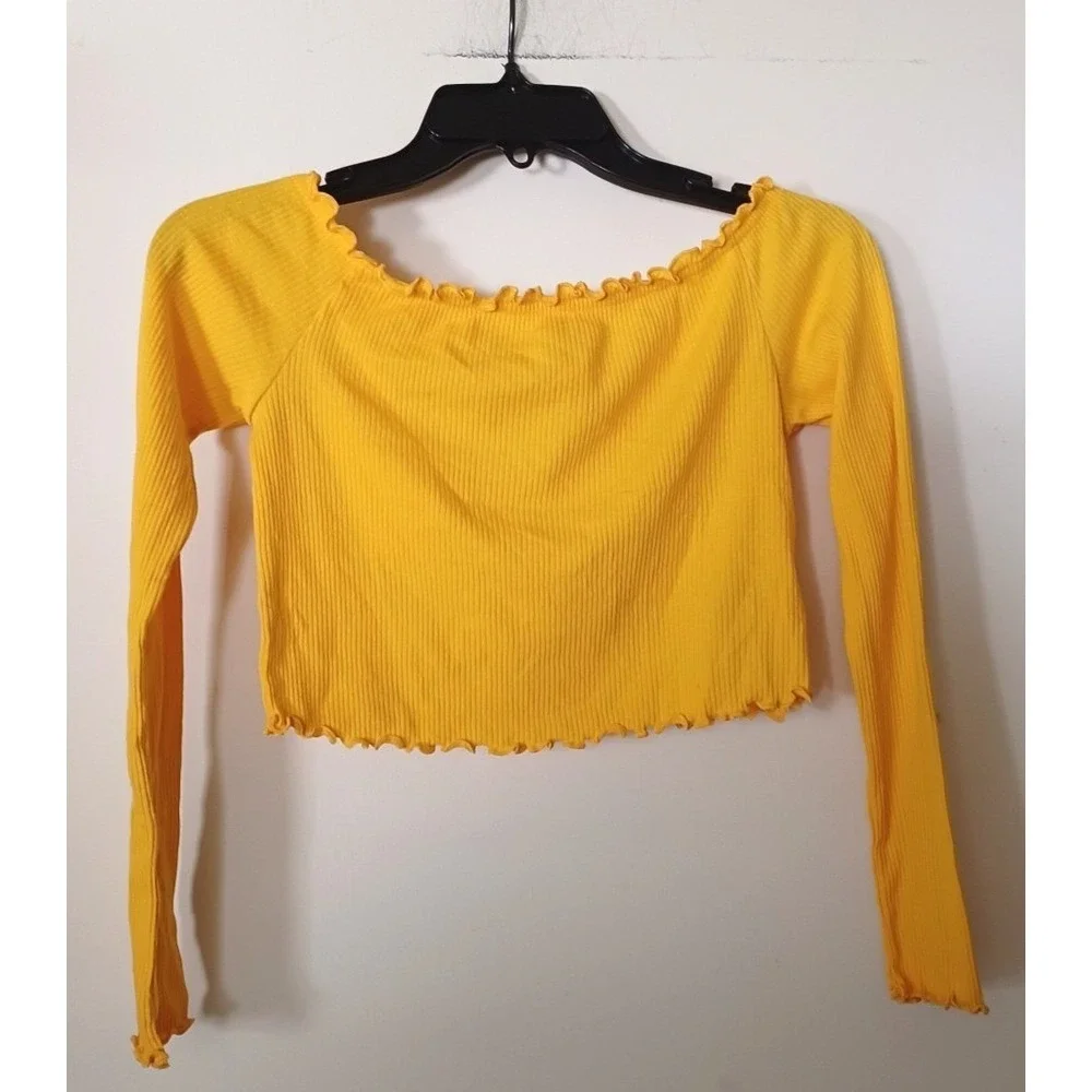 H&M‎ Sz S Juniors Crop Top Ribbed Knit Lettuce Hem Coquette Festival Baddie Y2K